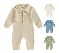 Newborn Baby Plaid Outfit Long Sleeve Button Up Onesie Lapel Plain Infant Boys Girls Bodysuit with Pockets Soft Jumpsuit Footless Solid Color (Beige, 0-3 Months)