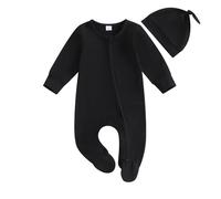 Newborn Baby Sleepsuit Baby Boys Jumpsuits with Hat Baby Girls Rompers Zipper Baby Outfits Plain Baby Zip Sleepsuits Toddler Bodysuit Cotton 6 to 12 Months (Black, 0-3 Months)