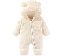 Newborn Baby Snowsuit Winter Hooded Bear Romper Fold Over Mittens Footies Warm Pramsuit Baby Coat Jumpsuit Zipper Bodysuits Infant Clothes Fleece Outfits Boys Girls 0-12 Months (Beige, 0-3 Months)
