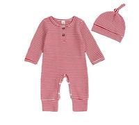 Newborn Baby Striped Romper Long Sleeve Button Round Neck Full Length Jumpsuit Bodysuit Baby Grows Hats 2 Pieces Outfits Sets for Boys Girls Fall Clothes (Red Stripes Print, 6-9 Months)