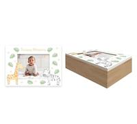 Newborn Baby Treasure Wooden Keepsake Precious Memories Box with Single Photo Aperture and Featuring Animal Giraffe & Zebra White Green Christening Baby Shower Present