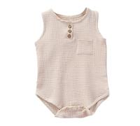 Newborn Bodysuit Cotton Linen Baby Vests Sleeveless Snap Closure One-Piece Outfits Summer Boy Girl Beach Holiday Romper Casual Loose Soft Lightweight Onesie Lounge Clothing (Beige, 18-24 Months)