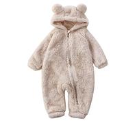 Newborn Bodysuits Baby Winter Hooded Romper Fleece Long Sleeve Cartoon Sleepsuits for Unisex Funny Cosplay Zip-Up Jumpsuit Outfits 0-12 Months Beige