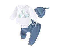 Newborn Boy Clothes Baby Grow Little Brother Long Sleeve Onesie Romper + Solid Color Elastic Drawstring Pants+ Hat for Boys 3Pcs Outfit Clothing Sets (White, 0-3 Months)