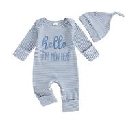 Newborn Boys Hello World Im New Here Baby Grows with Built in Mittens Long Sleeve Waffle Knit Romper Autumn Winter Clothes Coming Home Outfit with Hat (Striped Hello Im New Here Blue, 3-6 Months)