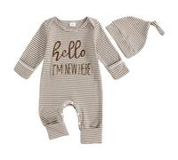 Newborn Boys Hello World Im New Here Baby Grows with Built in Mittens Long Sleeve Waffle Knit Romper Autumn Winter Clothes Coming Home Outfit with Hat (Striped Hello Im New Here Brown, 0-3 Months)