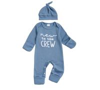 Newborn Boys Hello World Im New Here Baby Grows with Built in Mittens Long Sleeve Waffle Knit Romper Autumn Winter Clothes Coming Home Outfit with Hat (Solid New to the Crew Blue, 3-6 Months)