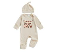 Newborn Boys Hello World Im New Here Baby Grows with Built in Mittens Long Sleeve Waffle Knit Romper Autumn Winter Clothes Coming Home Outfit with Hat (Solid New to the Crew Beige, Newborn)