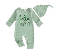Newborn Boys Hello World Im New Here Baby Grows with Built in Mittens Long Sleeve Waffle Knit Romper Autumn Winter Clothes Coming Home Outfit with Hat (Striped Hello Im New Here Green, Newborn)