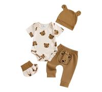 Newborn Come Home Baby Boy Clothes Bear Print Short Sleeve Romper Long Pants Hat Shoes Set 4pcs Infant Boy Summer Outfits (Khaki, 6-12 Months)