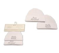 Newborn Cotton Hats 2 Pack Silver 'Hello World/Just Arrived'