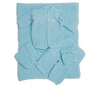 Newborn Crochet Blanket Five Piece Set Sweater, Pants, Hat, Mittens - Blue -