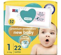 Newborn Essentials Bundle Consists Baby Size 1 Nappies Carry Pack x22 with Baby Wipes 52 Pack
