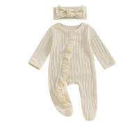 Newborn Girl Clothes Baby Romper Long Sleeve Crew Neck Solid Color Ruffle Jumpsuit Bodysuit With Headband Infant Baby Clothing (Apricot, 0-3 Months)