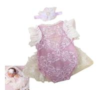Newborn Girl Photography Lace Romper Set with Floral Headband Soft Knit Fabric for 0-1 Month Baby Shower Gift Photo Props Knitted Newborn Photoshoot Dress