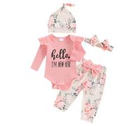 Newborn Girl Spring Long Sleeve Romper Clothes Set I’M NEW Here Letter Bodysuit Flower Print Pants Hat and Bow Headband 4Pcs Set Outfit (Pink, 3-6 Months)