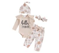 Newborn Girl Spring Long Sleeve Romper Clothes Set I’M NEW Here Letter Bodysuit Flower Print Pants Hat and Bow Headband 4Pcs Set Outfit (Khaki, 3-6 Months)