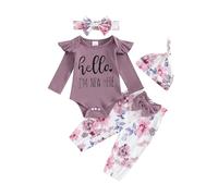Newborn Girl Spring Long Sleeve Romper Clothes Set I’M NEW Here Letter Bodysuit Flower Print Pants Hat and Bow Headband 4Pcs Set Outfit (PURPLE, 3-6 Months)