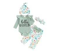 Newborn Girl Spring Long Sleeve Romper Clothes Set I’M NEW Here Letter Bodysuit Flower Print Pants Hat and Bow Headband 4Pcs Set Outfit (Turquoise, 3-6 Months)
