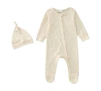 Newborn Girls Boys Sleepsuits with Hat Zip Up Long Sleeve Bodysuit Baby Cute Jumpsuit Cotton Plain Onesie Infant Romper Solid Color Crew Neck 100% Cotton Toddler Home Wear Beige
