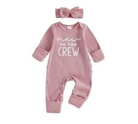 Newborn Girls Hello World Im New Here Baby Grows with Built in Mittens Long Sleeve Romper Autumn Winter Clothes Coming Home Outfit with Headband (Waffle Knit New to the Crew Dark Rose, Newborn)