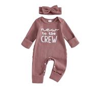 Newborn Girls Hello World Im New Here Baby Grows with Built in Mittens Long Sleeve Romper Autumn Winter Clothes Coming Home Outfit with Headband (Waffle Knit New to the Crew Purple, 0-3 Months)