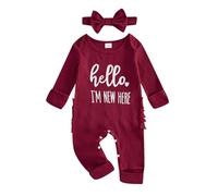 Newborn Girls Hello World Im New Here Baby Grows with Built in Mittens Long Sleeve Romper Autumn Winter Clothes Coming Home Outfit with Headband (Ribbed Hello Im New Here Burgundy, Newborn)