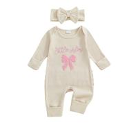 Newborn Girls Hello World Im New Here Baby Grows with Built in Mittens Long Sleeve Romper Autumn Winter Clothes Coming Home Outfit with Headband (Waffle Knit Little Sister Beige, Newborn)