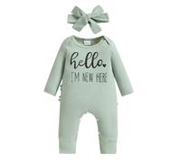 Newborn Girls Hello World Im New Here Baby Grows with Built in Mittens Long Sleeve Romper Autumn Winter Clothes Coming Home Outfit with Headband (Ribbed Hello Im New Here Green, 0-3 Months)