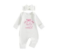 Newborn Girls Hello World Im New Here Baby Grows with Built in Mittens Long Sleeve Romper Autumn Winter Clothes Coming Home Outfit with Headband (Waffle Knit Hello World White, 0-3 Months)