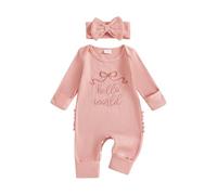 Newborn Girls Hello World Im New Here Baby Grows with Built in Mittens Long Sleeve Romper Autumn Winter Clothes Coming Home Outfit with Headband (Waffel Knit Hello World Pink, 0-3 Months)