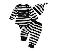 Newborn Halloween Prisoner Outfits Infant Baby Fall Winter Casual Bodysuit Long Sleeve Letter Print Striped Romper Pants Hats Set (Black, 0-3 Months)