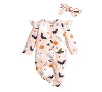 Newborn Halloween Romper with Headband Ghost Pumpkin Print Ruffle Detail One Piece Jumpsuit Soft Breathable Fabric for Infant Daily Wear Party Gathering Outdoor Play Family Holiday Leisure Time