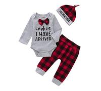 Newborn Infant Baby Boys Gentleman Letter Romper Bodysuit Plaid Pants Hat Outfit Boy New Born Clothes (Grey, 6-12 Months)