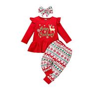 Newborn Infant Baby Girl My Frist Christmas Outfit Long Sleeve Elk Print Ruffle Shirt Top + Long Leggings Pants + Headband 3PCS Fall Winter Warm Clothes Set 1st Xmas Party Gifts Red-deer 12-18 Months