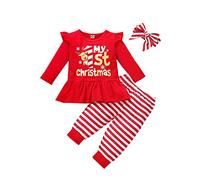 Newborn Infant Baby Girl My Frist Christmas Outfit Long Sleeve Elk Print Ruffle Shirt Top+Long Leggings Pants+Headband 3PCS Fall Winter Warm Clothes Set 1st Xmas Party Gifts Red-stripe 12-18 Months