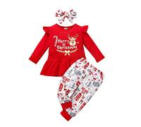 Newborn Infant Baby Girl My Frist Christmas Outfit Long Sleeve Elk Print Ruffle Shirt Top + Long Leggings Pants + Headband 3PCS Fall Winter Warm Clothes Set 1st Xmas Party Gifts Red-Elk 6-12 Months