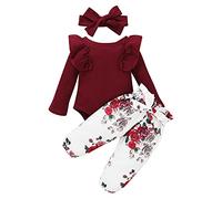 Newborn Infant Baby Girls Clothes Ribbed Romper Bodysuit Pants Set Fall Winter Outfits Toddler Girls Clothes Girls Birthday Clothing Set, 12-18 Month Red