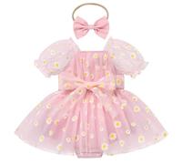 Newborn Infant Baby Girls Fairy Romper Dress Short Puff Sleeve Square Neck Tutu Tulle Princess Dresses Toddler First Birthday Cake Smash Outfit Wedding Flower Girl Summer Party Clothes Pink Daisy 3-6M