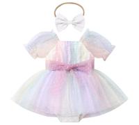 Newborn Infant Baby Girls Fairy Romper Dress Short Puff Sleeve Square Neck Tutu Tulle Princess Dresses Toddler First Birthday Cake Smash Outfits Wedding Flower Girl Summer Party Clothes Colorful 0-3M