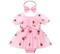 Newborn Infant Baby Girls Strawberry Romper Fairy Dress Short Sleeve Tutu Tulle Princess Berry Dresses Toddler First Birthday Cake Smash Outfits Wedding Flower Girl Summer Party Clothes Pink 12-18M