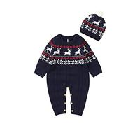 Newborn Infant Boy Girl Christmas Deer Knitted Sweater Baby Jumpsuit Romper Cotton 1 Piece Hat Caps Outfits Clothes Set New Born Sweater Blue-G 0-3 M