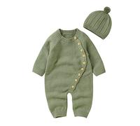 Newborn Infant Boy Girl Solid Knitted Sweater Baby Jumpsuit Romper Cotton Caps Hat Outfits Sets Clothes New Born Sweater Green-A 6-9 M