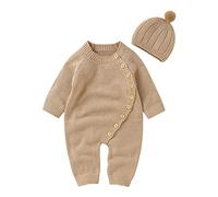 Newborn Infant Boy Girl Solid Knitted Sweater Baby Jumpsuit Romper Cotton Caps Hat Outfits Sets Clothes New Born Sweater Khaki-A 6-9 M