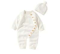 Newborn Infant Boy Girl Solid Knitted Sweater Baby Jumpsuit Romper Cotton Caps Hat Outfits Sets Clothes New Born Sweater Beige-A 0-3 M