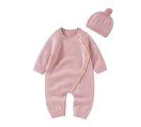 Newborn Infant Boy Girl Solid Knitted Sweater Baby Jumpsuit Romper Cotton Caps Hat Outfits Sets Clothes New Born Sweater Pink-A 0-3 M