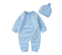 Newborn Infant Boy Girl Solid Knitted Sweater Baby Jumpsuit Romper Cotton Caps Hat Outfits Sets Clothes New Born Sweater Light Blue-A 12-18 M
