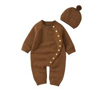 Newborn Infant Boy Girl Solid Knitted Sweater Baby Jumpsuit Romper Cotton Caps Hat Outfits Sets Clothes New Born Sweater Coffee-A 0-3 M
