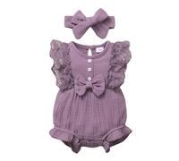 Newborn Lace Romper Set - Sleeveless Bow Bodysuit with Headband, for Baby Girl 0-6 Months, Ivory#G