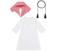 Newborn Muslim Prayer Outfits Infant Toddlers Baby Boys Eid Outfits Islamic Kaftan+Headscarf+Rope Long/Short Sleeve Abaya Sets Arabic Turban Robe Dubai Prayer Clothing White+Red 3-6M